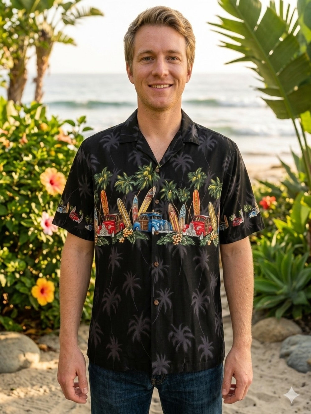 Pacific Legend Apparel Hawaiian Shirt Men L Black Woodie Car Surf Border Print